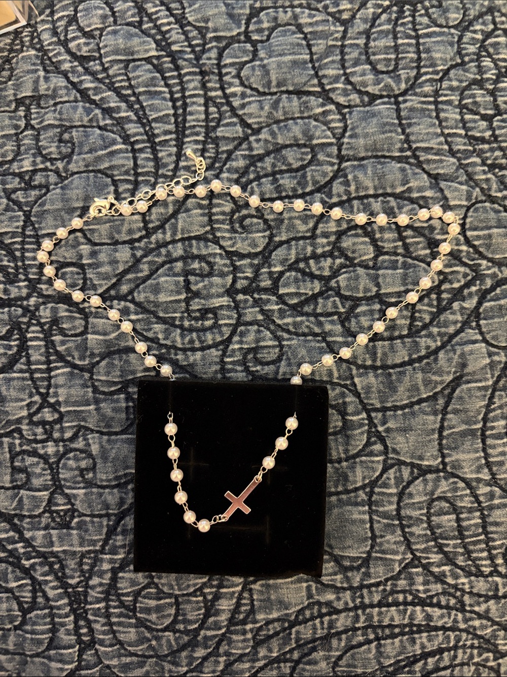 Sterling Silver Pearl Rosary Necklace with Cross Pendant - White